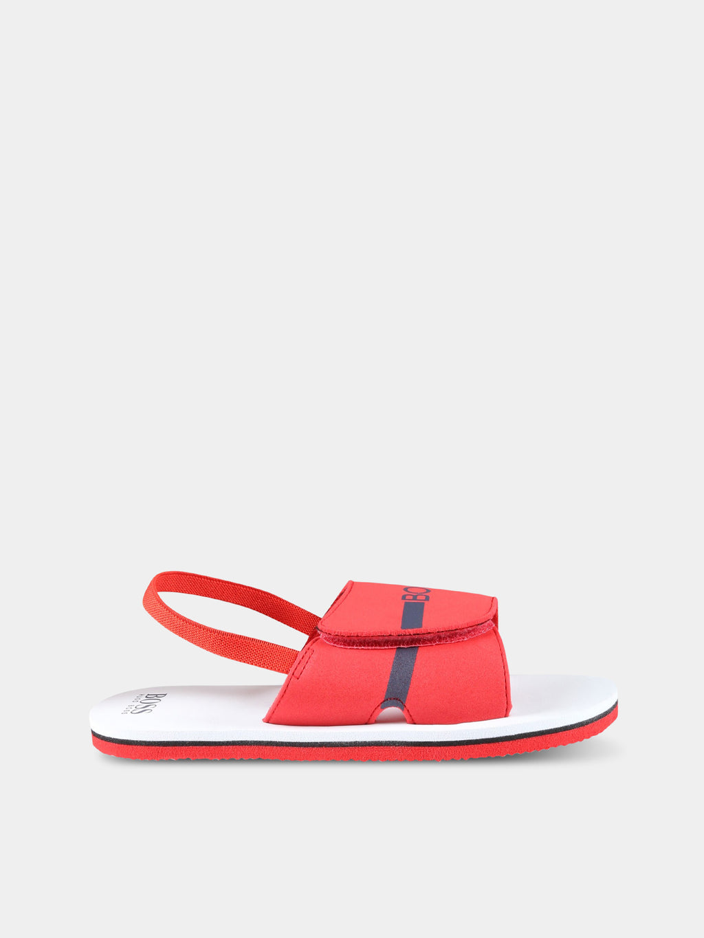 Red sandals for boy with blue logo